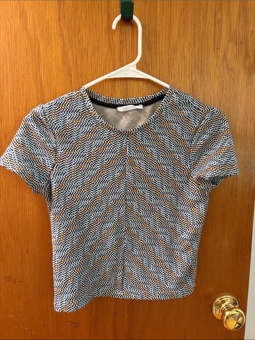 Zara Blue and Tan Short-Sleeve Geometric knit tee
